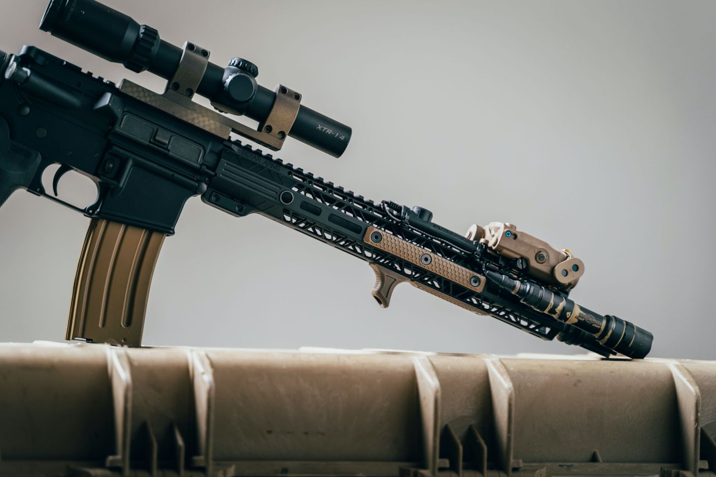 up-close view of a brown and black rifle