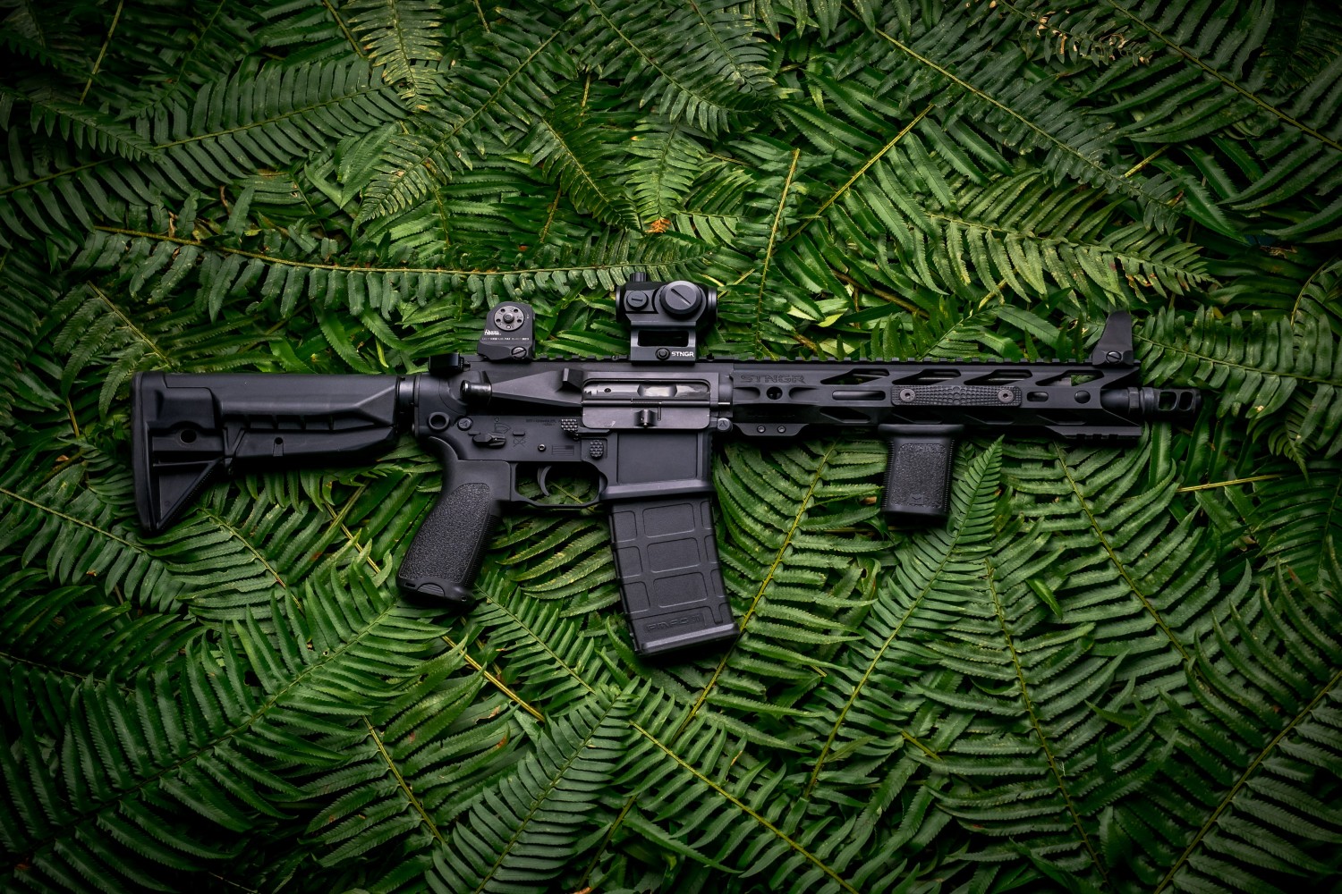  AR-15 on pile of green leaves